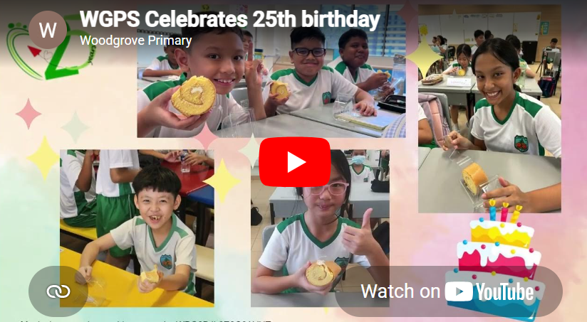 YouTube thumbnail of students in uniforms holding cakes; text reads WGPS Celebrates 25th birthday, Woodgrove Primary.